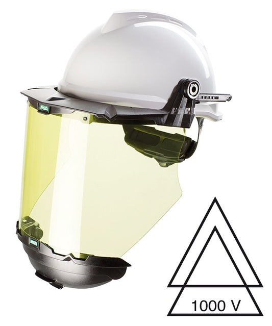 MSA V-Gard 950 White Safety Helmet with Fas-Trac III suspension and integrated visor, EN397, non-vented, IMPA 310327, Price Per PCE, HS-Code 6506101000, Origin US, IMPA 310327, Weight 0.85Kg, MSA, Quality A