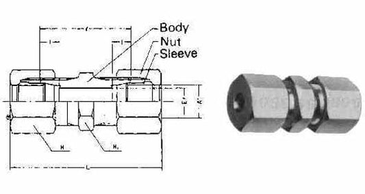 FLARELESS STRAIGHT UNION BRASS for tube 10mm (L), Price for 1, IMPA 734024, ISSA 6710105, Weight 0.05Kg HS Code:  74122000 Origin:  INDIA